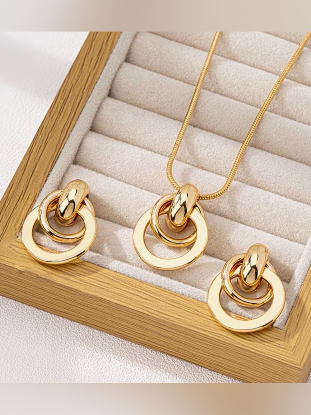 BNIB - Gold Double Ring Pendant Necklace and Hoop Earrings Set - Picture 3 of 5